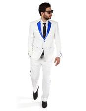  2BW2 Mens 2 Button White Tuxedo with Royal Blue Satin Lapel and