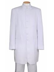  Mens White Two Piece Mandarin Banded Collar 6 Button Long Jacket -