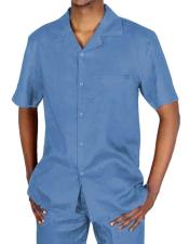  Mens Casual Two Piece Sky Baby Blue Linen Short Sleeve 5 Button