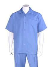  Mens Casual Sky Baby Blue Short Sleeve Plain Two Pieces Casual Two Piece Walking Outfit For Sale Pant