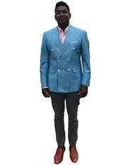  Double Breasted Suits Jacket Linen Summer Sport Coat Blazer in Light Sky Blue 