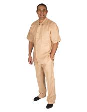  Mens Short Sleeve Button Closure Tan 100% Linen 2 Piece Shirt 