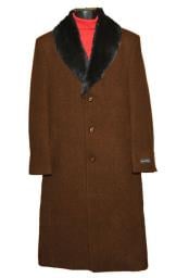  Mens Dress Coat Brown (Removable ) Fur Collar 3 Button Full Length