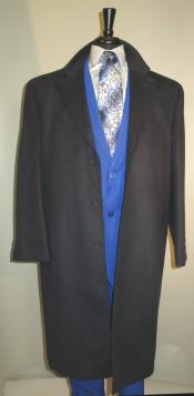  Mens Dress Coat 3 Button Long Wool Blend Navy Color Full Length