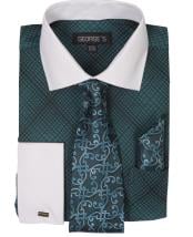  Turquoise Long Sleeve White Collar Two Toned Contrast Check Pattern Fashion Tie