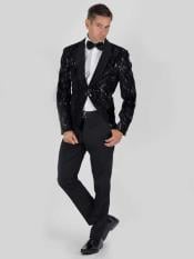 Black Mens Slim Fit 2 Button Sequin Snake Skin Jacket With Matching