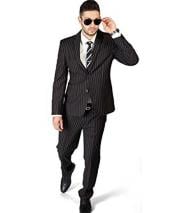  Mens Stripe ~ Skinny Style Black 2 Button Slim Fit Pinstripe Flat