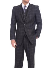  Mens  Two Button Classic Fit Solid Black/Blue Windowpane Three Piece Suit
