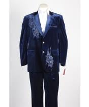  Mens 2 Button Midnight Blue ~ Navy Velvet Suit Jacket With Floral