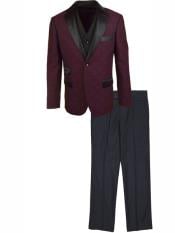  Designed 3 Piece Notch Lapel Kids Sizes Burgundy Vested Tuxedo Suit