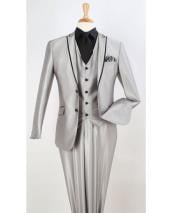  Mens Two Toned And Fashion Light Gray Trim Lapel Wedding / Prom / Homecoming Tuxedo Vested 3 Pieces