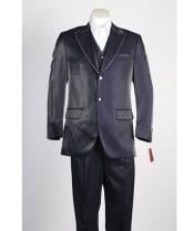  Mens 2 Button Vested Shiny Dark Navy Fashion Peak Lapel Suit with