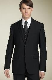  3pc 2 Button Black Super 150s Wool Suit with Hand Pick Stitch