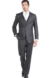  Mens Notch Collar 3 Piece Charcoal Slim Fit Vested Double Vent Suit