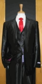  2 Button 3 Piece Shiny Black Silk Blend Flat Front Mens Sharkskin Suit