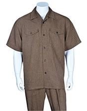  Mens Casual Brown Short Sleeve Two Pieces Casual Two Piece Walking Outfit For Sale Pant Sets Suits with