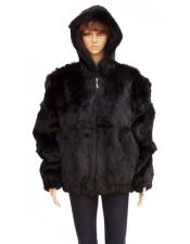  Fur Black Full Skin Genuine Rabbit Pull Up Zipper Jacket 