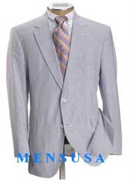 SKU# JOSEM2568 Causal White & Light Blue ~ Sky Blue Pinstripe Seersucker Summer Suits 2 Button Cotton Suit
