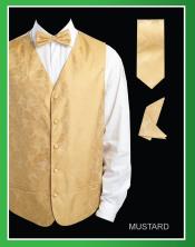 Men's 4 Piece Vest Set (Bow Tie, Neck Tie, Hanky) - Shiny Paisley Jacquard Mustard $65