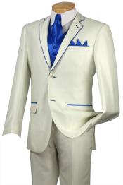 
SKU#QJJ33 Tuxedo Royal Blue Trim Microfiber Two Button Notch 5-Piece Choice of Solid White or Ivory  