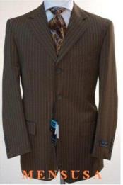 
SKU# 663 Chocolate brown pinstripe 3 Button suit 100% Wool Feel Touch Poly Rayon 