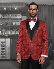 SKU#PNB4 Floral 1 Button Sharkskin Paisley Tuxedo Dinner Jacket Blazer + Black Vest & Pants ( Mens Suit) With Black Trimed Notch Collar Red 
