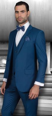Sku#Ac-945 Mens Slim Fit Suits Three Piece Cobalt ~ Indigo~ Teal ~ Slate Blue Wool Vested Suit