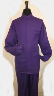   SKU#MK719 Mens Mandarin Banded Shirt and Matching Solid Pleated Pants No Collar Shirt with 1 Besom Pocket Purple Walking Set $79  