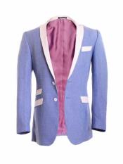 SKU#SM898 Men's 2 Button Suit With Peak Lapel Tuxedo Jacket Sport Coat Linen Summer Fabric Sky Baby Light Blue