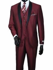 SKU#SM1977 Men's 3 Piece Two Toned Shawl Lapel Vested Burgundy Sharkskin Shiny Black Lapel Suit