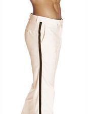 SKU#SM2911 Men's Off White Poly/Rayon With Black Satin Stripe Flat Front Tuxedo Classic Fit Pant