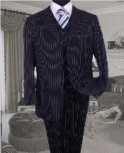 SKU:SKU3518 TS-35 Bold Chalk Pronounce 3 Piece 3 BUTTON COLOR NAVY BLUE VESTED MENS three piece suit WITH PINSTRIPE