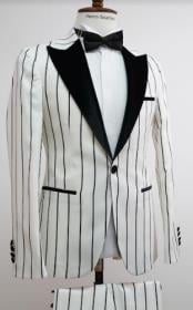 Mens White and Black Pinstripe 2 Button   Vest Suit