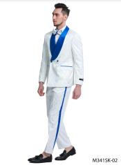  Mens Shawl Lapel 1 Button White And Royal Blue Wedding Tuxedo Dress