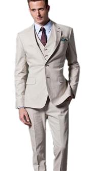  Beige Single Breasted Notch Lapel Groom Skinny Linen Suit