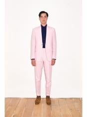  Mens Single Breasted Notch Lapel Pink Linen Suit