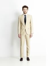  Mens Single Breasted Notch Lapel Beige Linen Suit