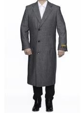  Mens  Dress Coat Three Button Full Length Wool Herringbone Gray Overcoat