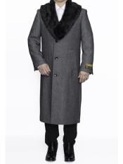  Mens Topcoat Mens Dress Coat  Removable Fur Collar Full Length Wool