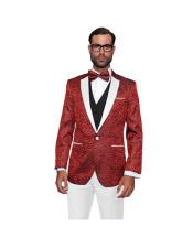  Red and White Lapel Tuxedo Dinner Jacket Paisley Floral + Free Bow
