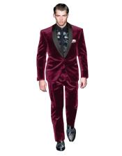  Velvet Suit Mens Dark Burgundy Suit One Button Velvet Fabric Shawl Collar