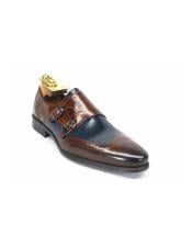  Mens Fashion Shoes by Carrucci - Double Buckle Brown / Navy