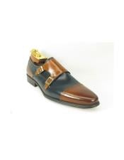  Mens Brown / Navy Double Buckle Block Heel Fashion Shoes 