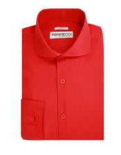  Red Spread Collar Button Closure Cotton Mens Dress Shirt