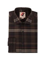  Brown Button Closure Spread Collar Cotton Mens Dress Gingham Shirt - Checker