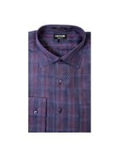  Spread Collar Slim Fit Cotton Purple Mens Dress Gingham Shirt - Checker