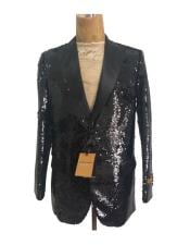  Style#-B6362 Mens Peak Lapel  One Chest Pocket Black Sequin Blazer -