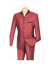  Mens Wine Four Button  Banded Collar Slim Fit Suit