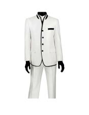  Mens  Four Button Banded Collar Slim Fit White Suit