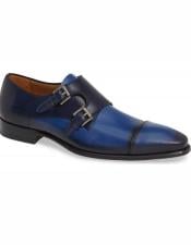  Mens Blue Double Monk Strap Leather Shoe- Mens Buckle Dress Shoes